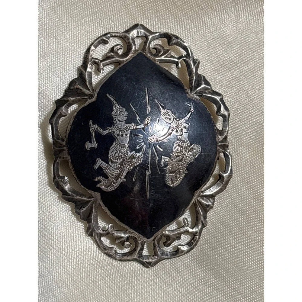Vtg Siam Sterling Silver Pin Brooch Intricate Dancers Filigree Design Black Enam